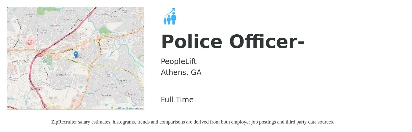 PeopleLift job posting for a Police Officer- in Athens, GA with a salary of $46,800 to $71,900 Yearly with a map of Athens location.
