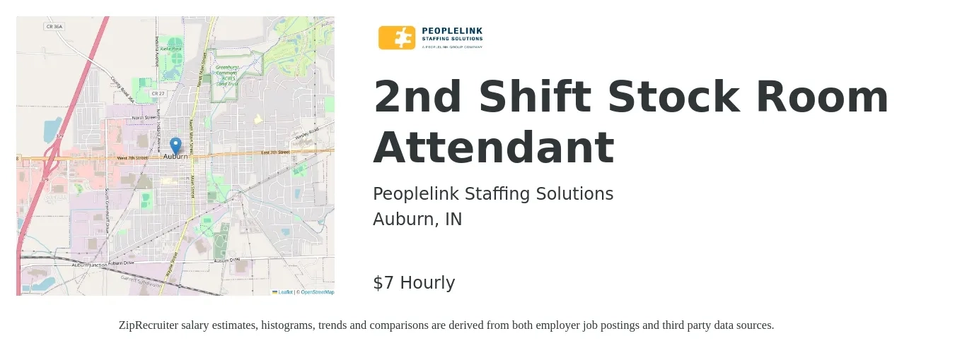 PeopleLink Staffing Solutions job posting for a 2nd Shift Stock Room Attendant in Auburn, IN with a salary of $8 Hourly with a map of Auburn location.
