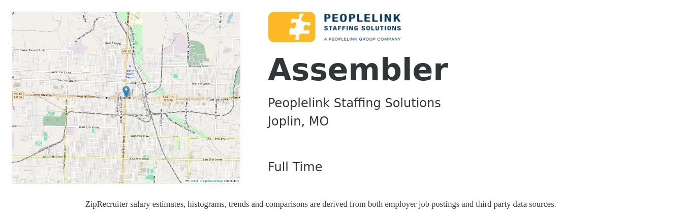PeopleLink Staffing Solutions job posting for a Assembler in Joplin, MO with a salary of $14 to $18 Hourly with a map of Joplin location.