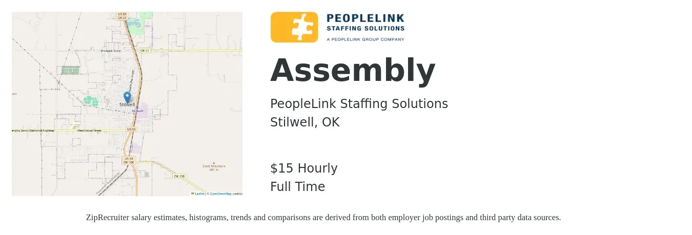 PeopleLink Staffing Solutions job posting for a Assembly in Stilwell, OK with a salary of $16 Hourly with a map of Stilwell location.