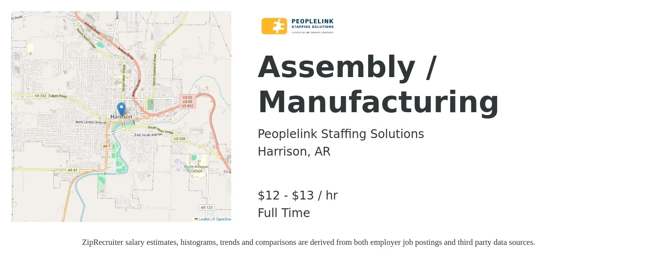 PeopleLink Staffing Solutions job posting for a Assembly / Manufacturing in Harrison, AR with a salary of $13 to $14 Hourly with a map of Harrison location.
