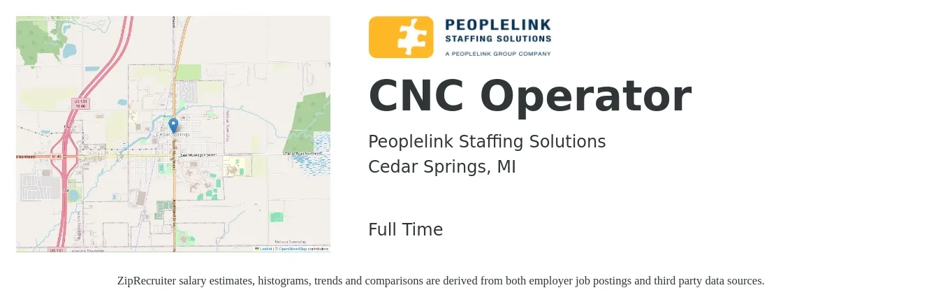 PeopleLink Staffing Solutions job posting for a CNC Operator in Cedar Springs, MI with a salary of $19 to $26 Hourly with a map of Cedar Springs location.