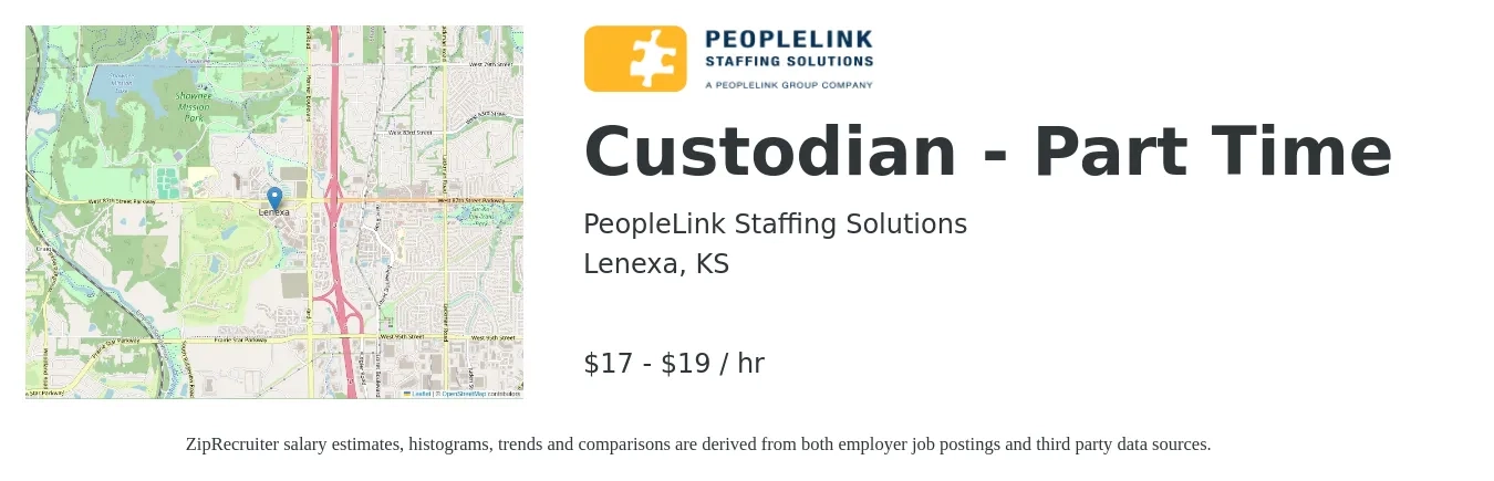PeopleLink Staffing Solutions job posting for a Custodian - Part Time in Lenexa, KS with a salary of $18 to $20 Hourly with a map of Lenexa location.