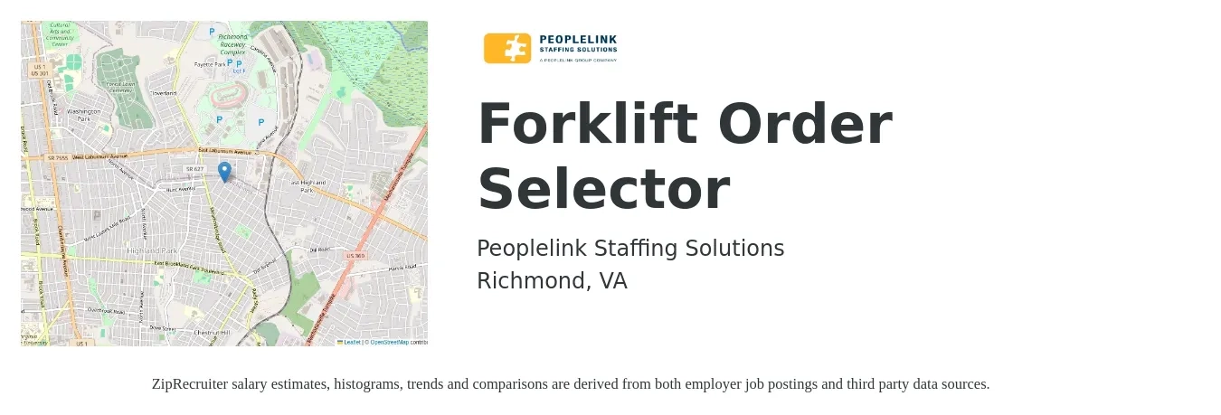 PeopleLink Staffing Solutions job posting for a Forklift Order Selector in Richmond, VA with a salary of $17 to $19 Hourly with a map of Richmond location.