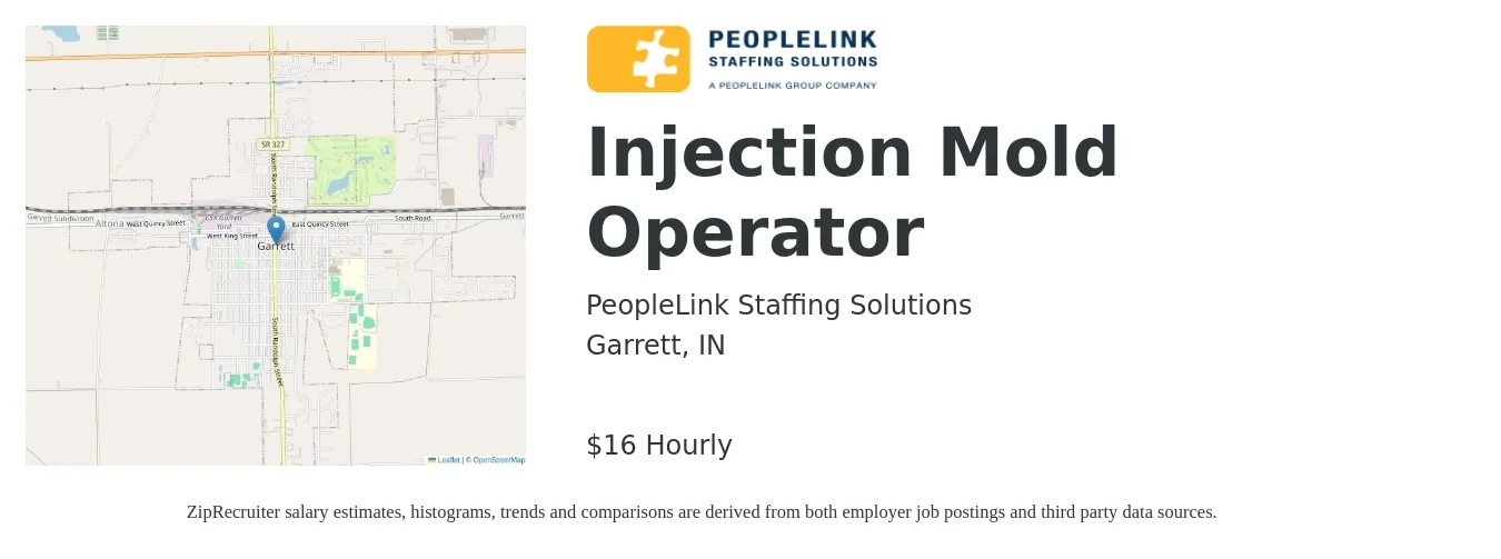 PeopleLink Staffing Solutions job posting for a Injection Mold Operator in Garrett, IN with a salary of $17 Hourly with a map of Garrett location.