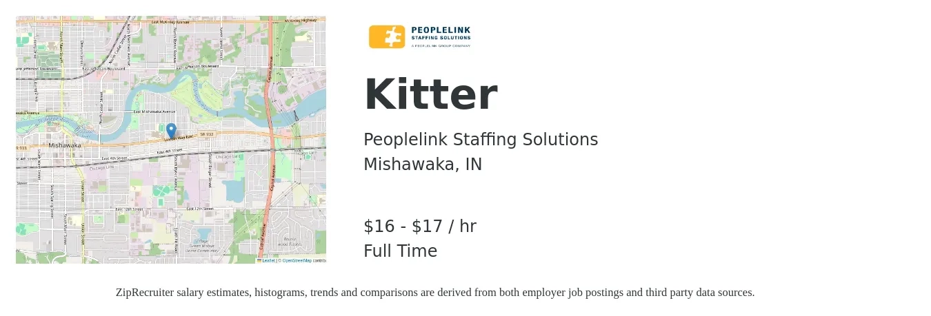 PeopleLink Staffing Solutions job posting for a Kitter in Mishawaka, IN with a salary of $17 to $18 Hourly with a map of Mishawaka location.