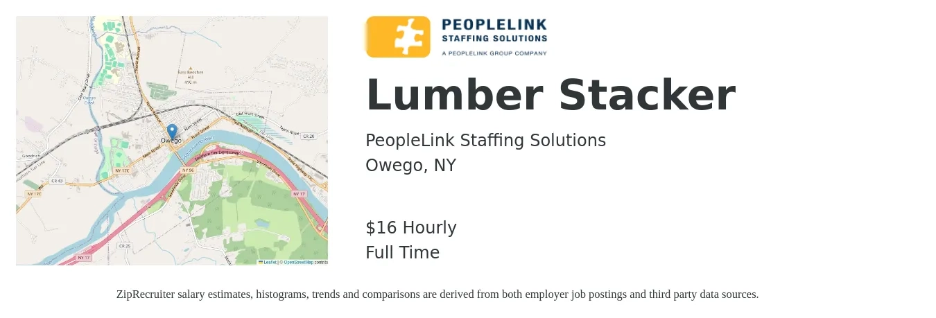 PeopleLink Staffing Solutions job posting for a Lumber Stacker in Owego, NY with a salary of $17 Hourly with a map of Owego location.