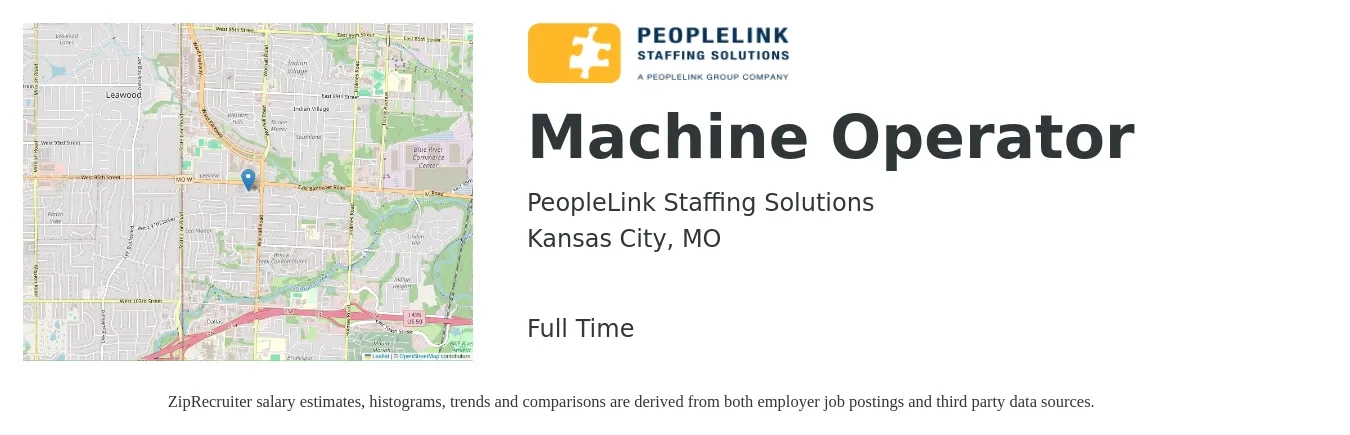PeopleLink Staffing Solutions job posting for a Machine Operator in Kansas City, MO with a salary of $16 to $20 Hourly with a map of Kansas City location.