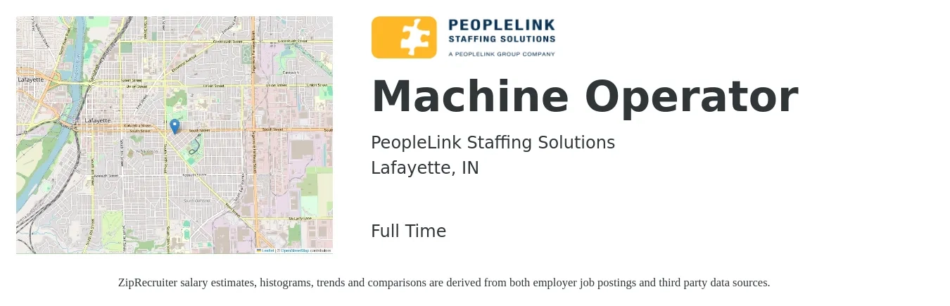 PeopleLink Staffing Solutions job posting for a Machine Operator in Lafayette, IN with a salary of $16 to $20 Hourly with a map of Lafayette location.