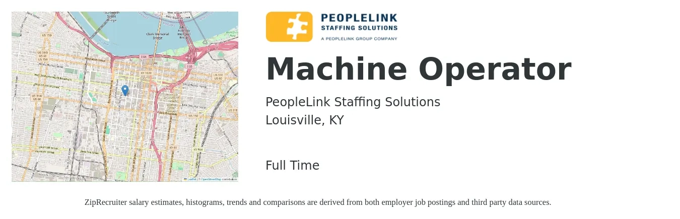 PeopleLink Staffing Solutions job posting for a Machine Operator in Louisville, KY with a salary of $16 to $20 Hourly with a map of Louisville location.