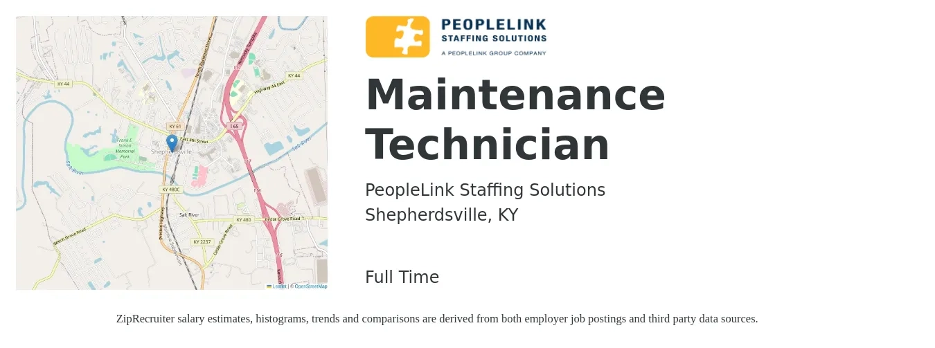 PeopleLink Staffing Solutions job posting for a Maintenance Technician in Shepherdsville, KY with a salary of $18 to $25 Hourly with a map of Shepherdsville location.