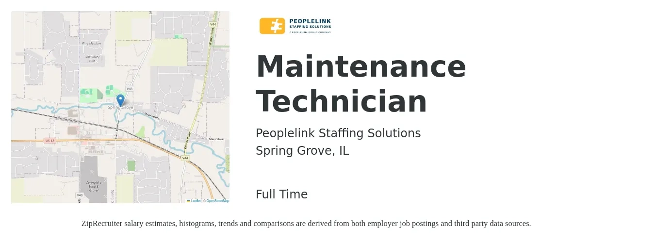 Peoplelink Staffing Solutions job posting for a Maintenance Technician in Spring Grove, IL with a salary of $19 to $27 Hourly with a map of Spring Grove location.