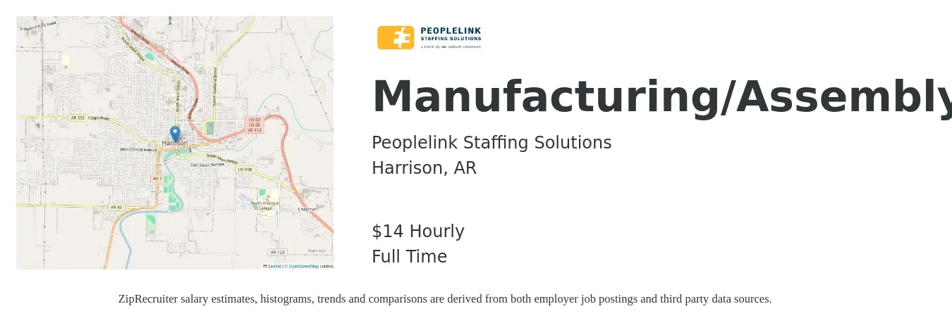 PeopleLink Staffing Solutions job posting for a Manufacturing / Assembly in Harrison, AR with a salary of $16 Hourly with a map of Harrison location.