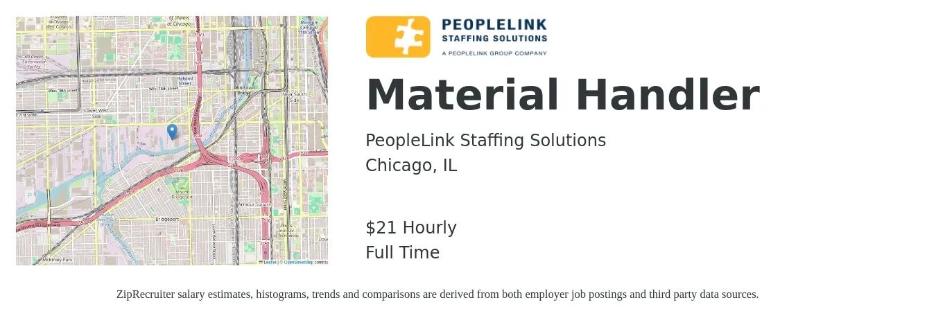 PeopleLink Staffing Solutions job posting for a Material Handler in Chicago, IL with a salary of $22 Hourly with a map of Chicago location.