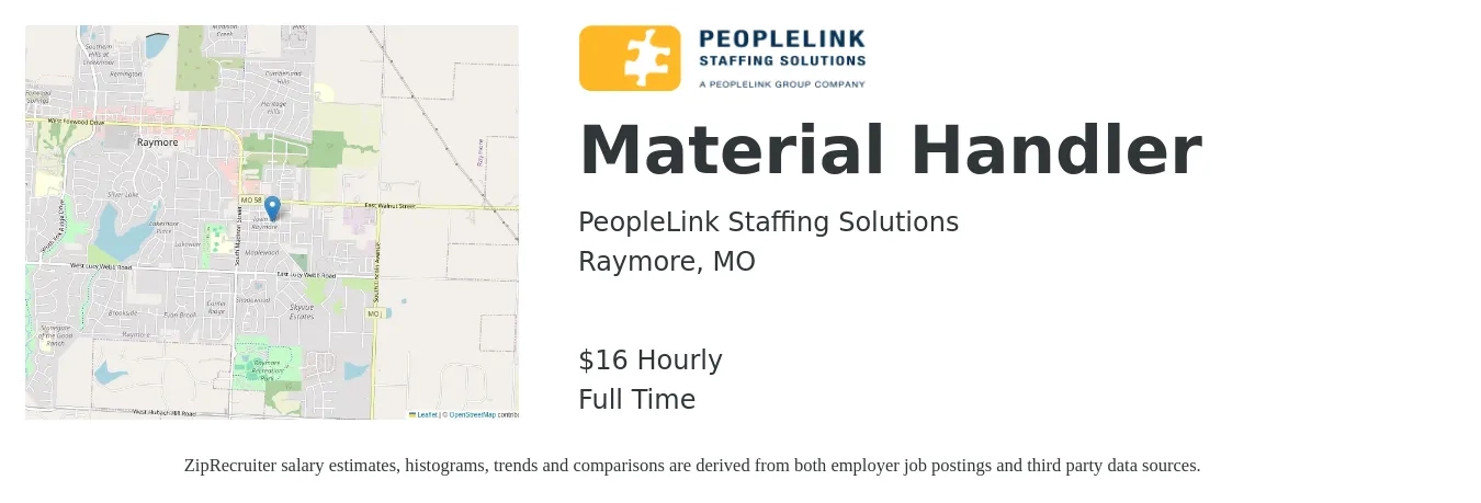 PeopleLink Staffing Solutions job posting for a Material Handler in Raymore, MO with a salary of $17 Hourly with a map of Raymore location.