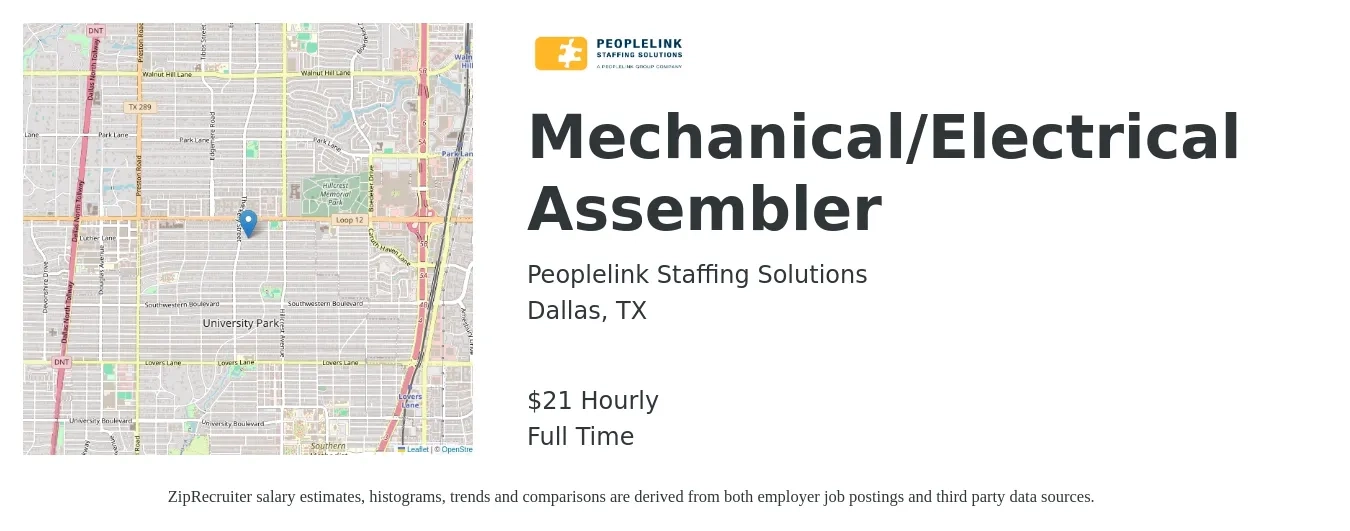 PeopleLink Staffing Solutions job posting for a Mechanical/Electrical Assembler in Dallas, TX with a salary of $22 Hourly with a map of Dallas location.