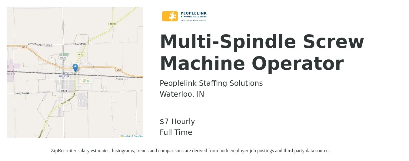 PeopleLink Staffing Solutions job posting for a Multi-Spindle Screw Machine Operator in Waterloo, IN with a salary of $8 Hourly with a map of Waterloo location.