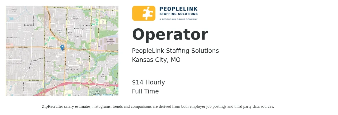PeopleLink Staffing Solutions job posting for a Operator in Kansas City, MO with a salary of $15 Hourly with a map of Kansas City location.