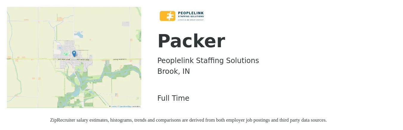 PeopleLink Staffing Solutions job posting for a Packer in Brook, IN with a salary of $12 to $15 Hourly with a map of Brook location.