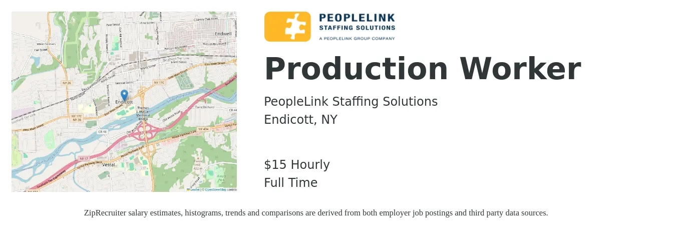 PeopleLink Staffing Solutions job posting for a Production Worker in Endicott, NY with a salary of $16 Hourly with a map of Endicott location.