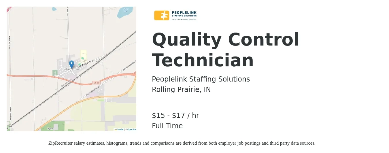 PeopleLink Staffing Solutions job posting for a Quality Control Technician in Rolling Prairie, IN with a salary of $16 to $18 Hourly with a map of Rolling Prairie location.