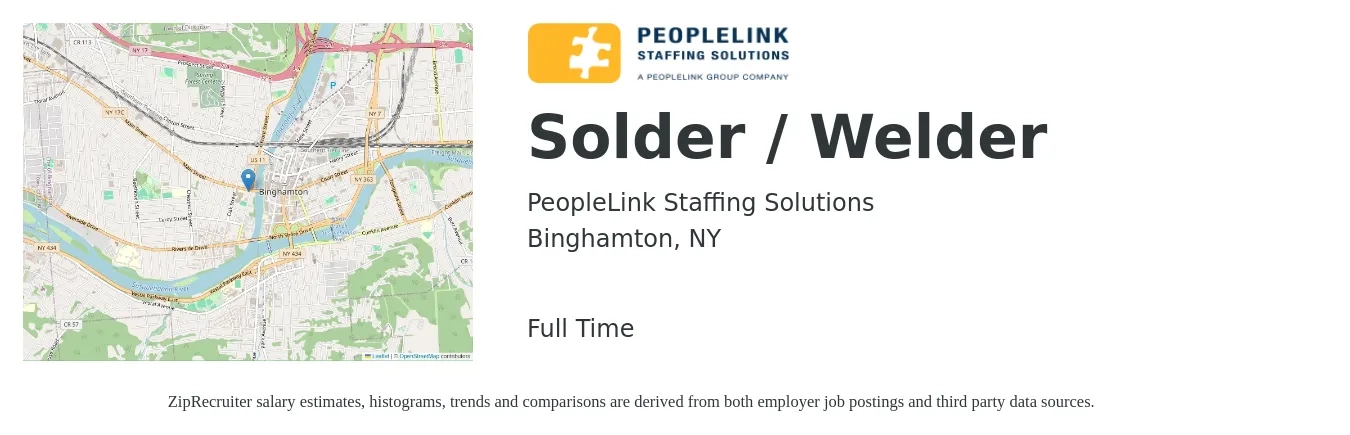 PeopleLink Staffing Solutions job posting for a Solder / Welder in Binghamton, NY with a salary of $18 Hourly with a map of Binghamton location.