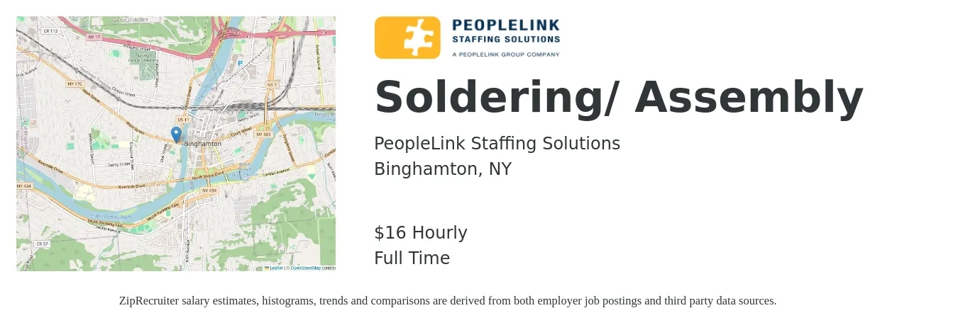 PeopleLink Staffing Solutions job posting for a Soldering/ Assembly in Binghamton, NY with a salary of $17 Hourly with a map of Binghamton location.