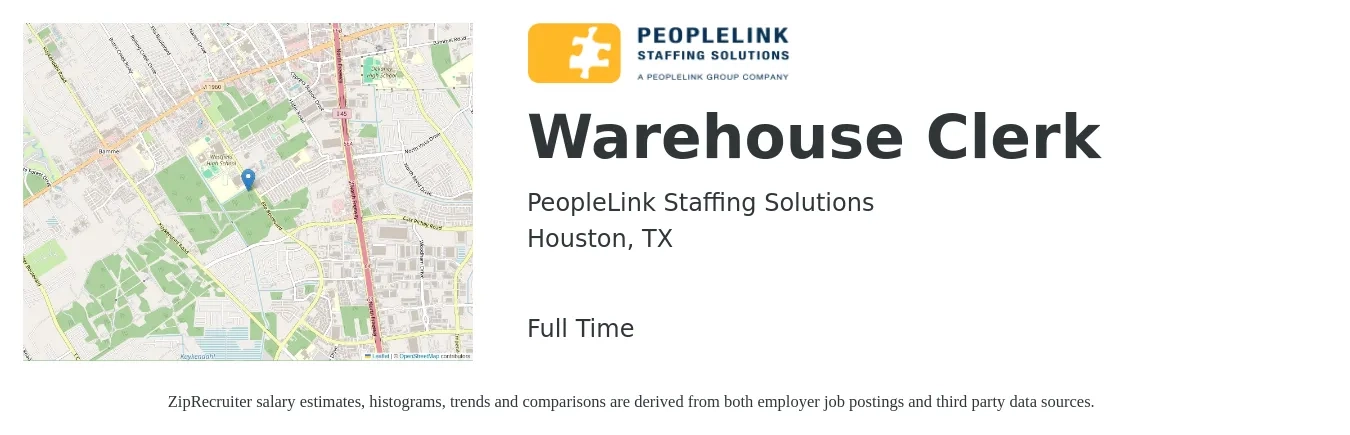 PeopleLink Staffing Solutions job posting for a Warehouse Clerk in Houston, TX with a salary of $15 to $18 Hourly with a map of Houston location.