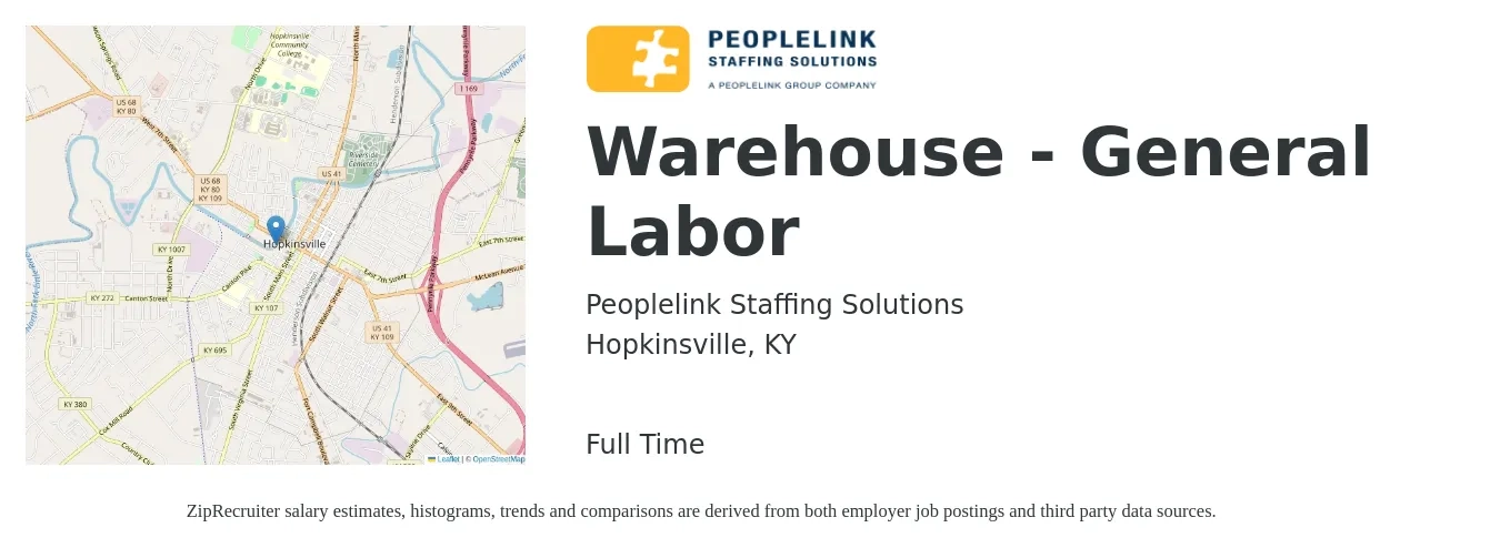 PeopleLink Staffing Solutions job posting for a Warehouse - General Labor in Hopkinsville, KY with a salary of $15 to $18 Hourly with a map of Hopkinsville location.