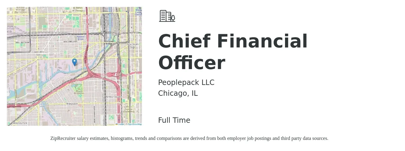 Peoplepack LLC job posting for a Chief Financial Officer in Chicago, IL with a salary of $145,400 to $412,600 Yearly with a map of Chicago location.
