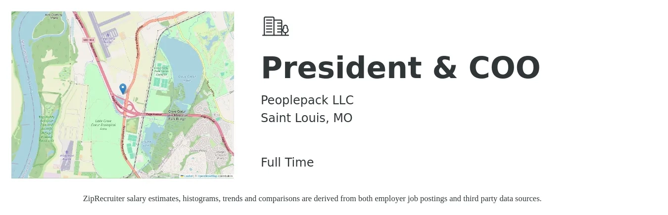 Peoplepack LLC job posting for a President & COO in Saint Louis, MO with a salary of $108,100 to $173,200 Yearly with a map of Saint Louis location.