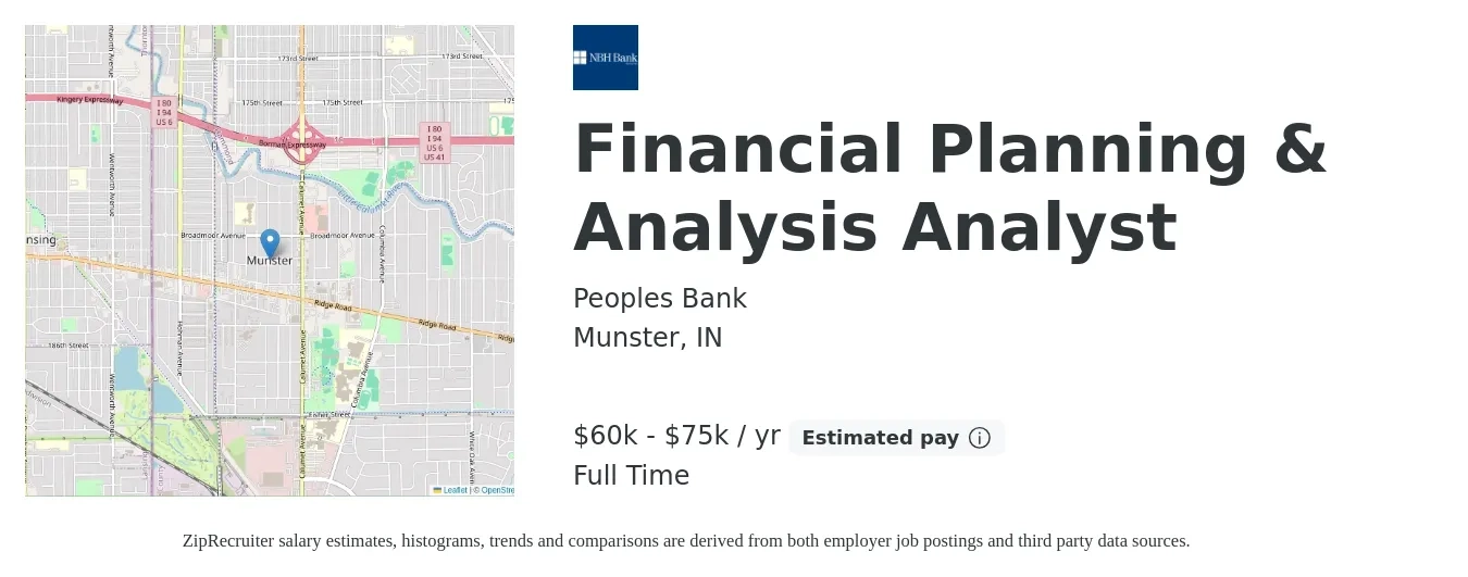 Peoples Bank job posting for a Financial Planning & Analysis Analyst in Munster, IN with a salary of $60,000 to $75,000 Yearly with a map of Munster location.