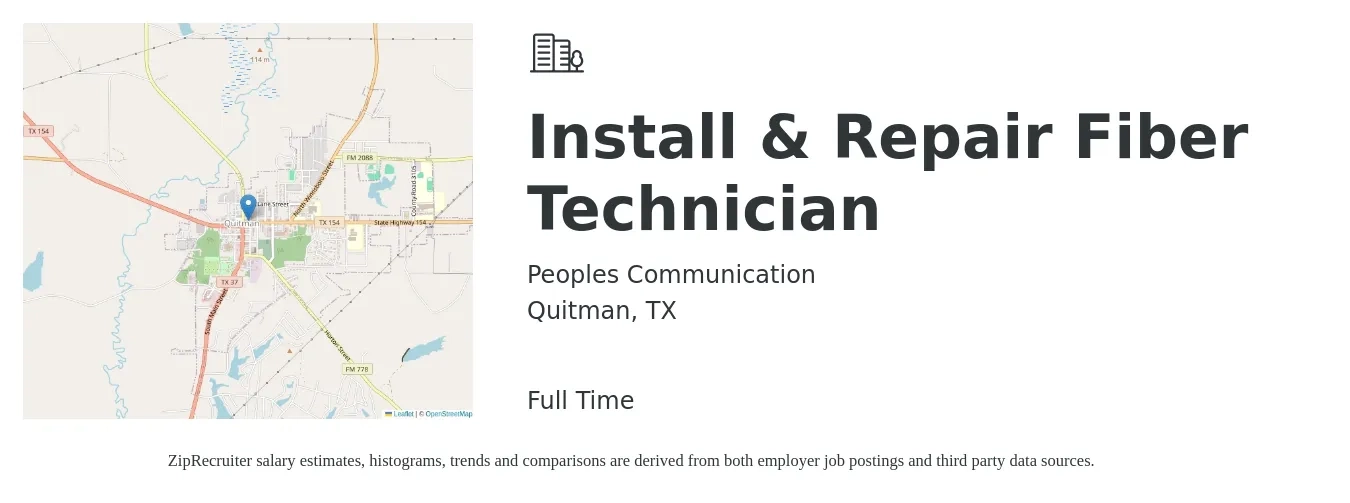 Peoples Communication job posting for a Install & Repair Fiber Technician in Quitman, TX with a salary of $18 to $26 Hourly with a map of Quitman location.