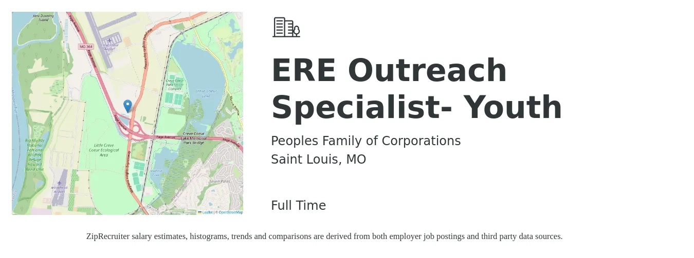 Peoples Family of Corporations job posting for a ERE Outreach Specialist- Youth in Saint Louis, MO with a salary of $20 to $29 Hourly with a map of Saint Louis location.