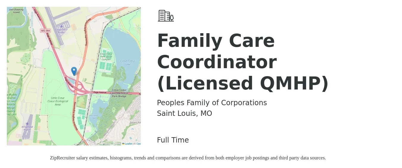 Peoples Family of Corporations job posting for a Family Care Coordinator (Licensed QMHP) in Saint Louis, MO with a salary of $19 to $28 Hourly with a map of Saint Louis location.