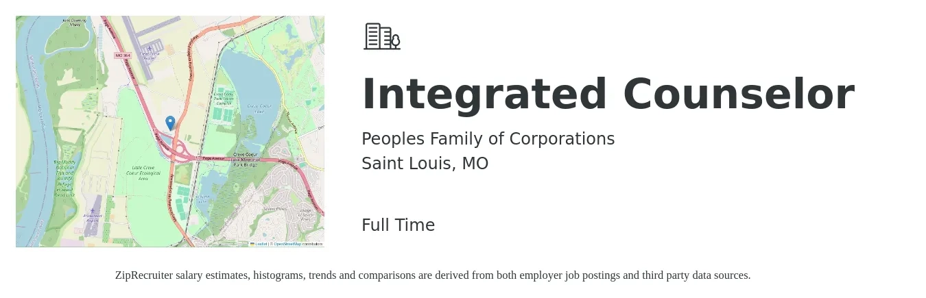 Peoples Family of Corporations job posting for a Integrated Counselor in Saint Louis, MO with a salary of $20 to $29 Hourly with a map of Saint Louis location.