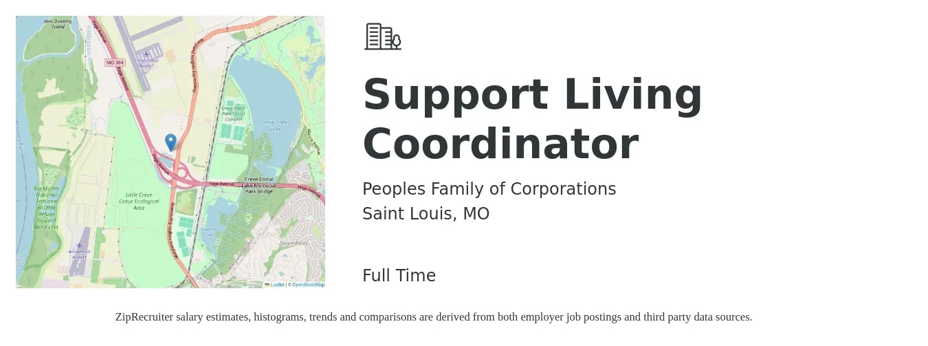 Peoples Family of Corporations job posting for a Support Living Coordinator in Saint Louis, MO with a salary of $18 to $26 Hourly with a map of Saint Louis location.