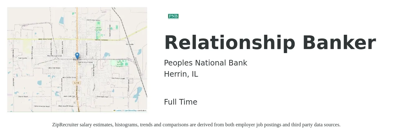 Peoples National Bank job posting for a Relationship Banker in Herrin, IL with a salary of $18 to $24 Hourly with a map of Herrin location.