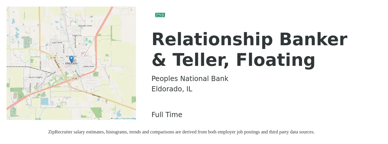 Peoples National Bank job posting for a Relationship Banker & Teller, Floating in Eldorado, IL with a salary of $18 to $23 Hourly with a map of Eldorado location.