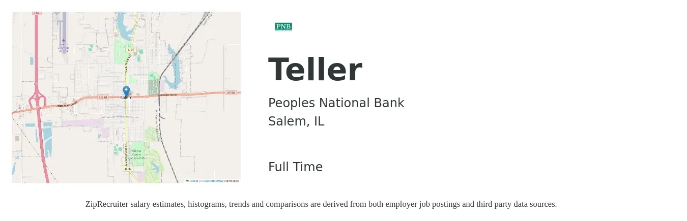 Peoples National Bank job posting for a Teller in Salem, IL with a salary of $15 to $19 Hourly with a map of Salem location.