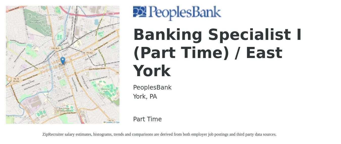 PeoplesBank job posting for a Banking Specialist I (Part Time) / East York in York, PA with a salary of $18 to $24 Hourly with a map of York location.