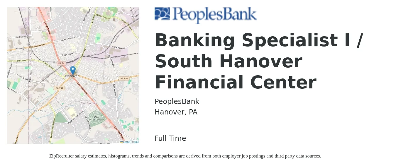 PeoplesBank job posting for a Banking Specialist I / South Hanover Financial Center in Hanover, PA with a salary of $17 Hourly with a map of Hanover location.