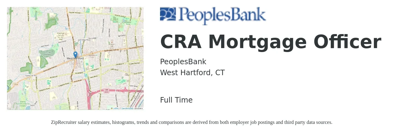 PeoplesBank job posting for a CRA Mortgage Officer in West Hartford, CT with a salary of $1,870 to $5,470 Monthly with a map of West Hartford location.