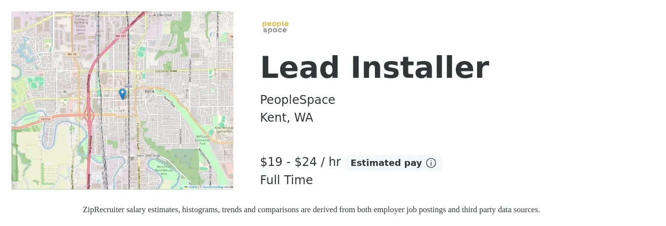 PeopleSpace job posting for a Lead Installer in Kent, WA with a salary of $20 to $25 Hourly with a map of Kent location.