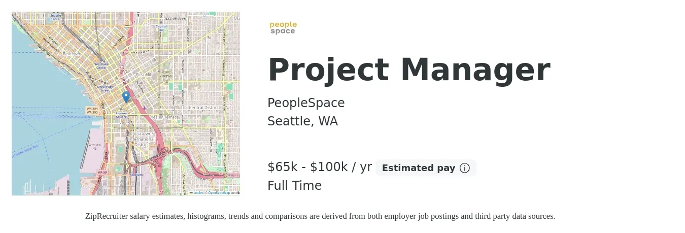 PeopleSpace job posting for a Project Manager in Seattle, WA with a salary of $65,000 to $100,000 Yearly with a map of Seattle location.