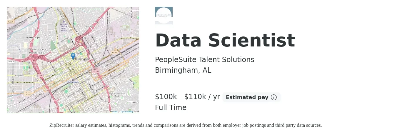 PeopleSuite Talent Solutions job posting for a Data Scientist in Birmingham, AL with a salary of $100,000 to $110,000 Yearly with a map of Birmingham location.