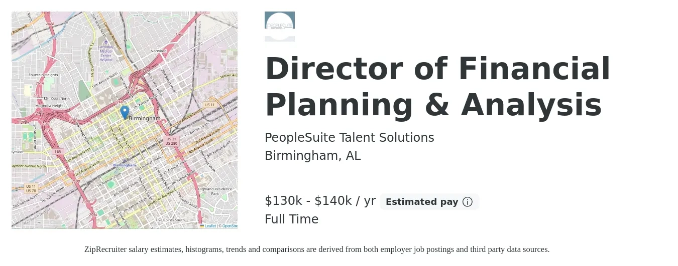 PeopleSuite Talent Solutions job posting for a Director of Financial Planning & Analysis in Birmingham, AL with a salary of $130,000 to $140,000 Yearly with a map of Birmingham location.