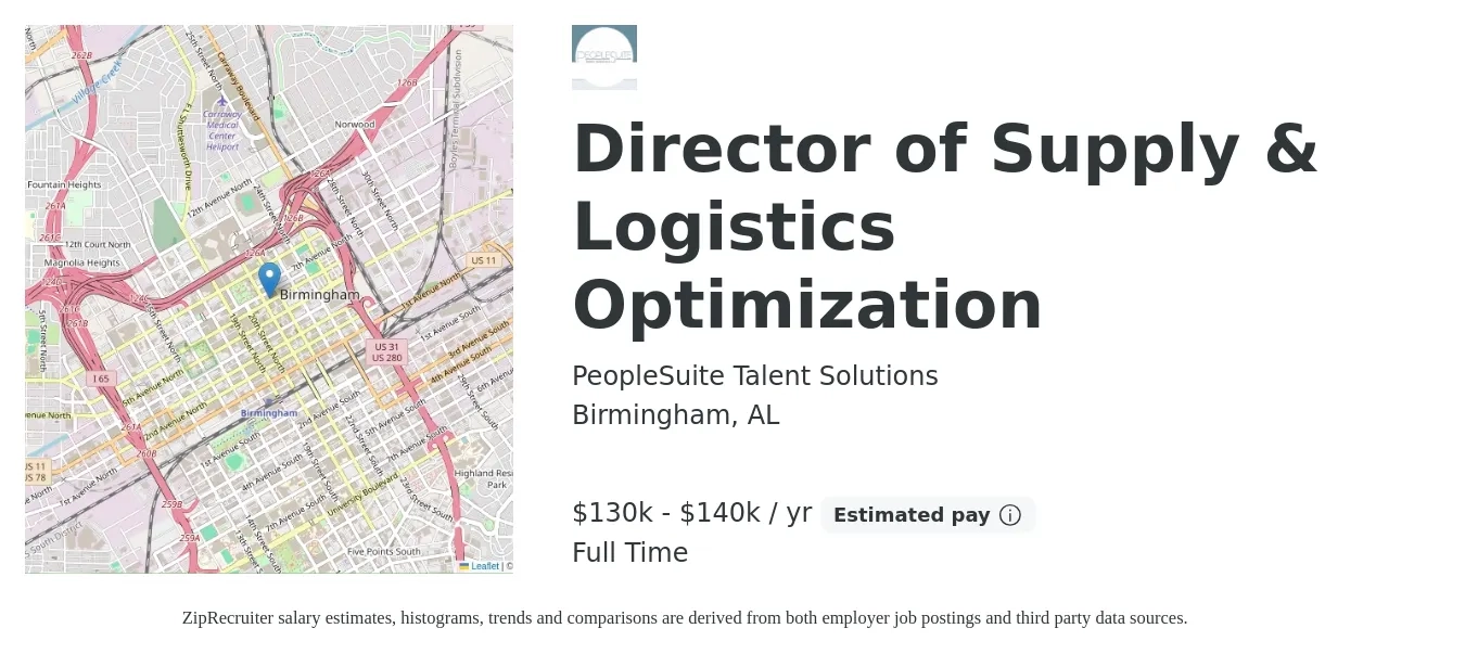 PeopleSuite Talent Solutions job posting for a Director of Supply & Logistics Optimization in Birmingham, AL with a salary of $130,000 to $140,000 Yearly with a map of Birmingham location.