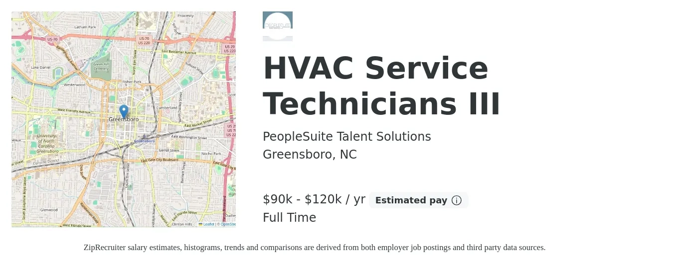 PeopleSuite Talent Solutions job posting for a HVAC Service Technicians III in Greensboro, NC with a salary of $90,000 to $120,000 Yearly with a map of Greensboro location.