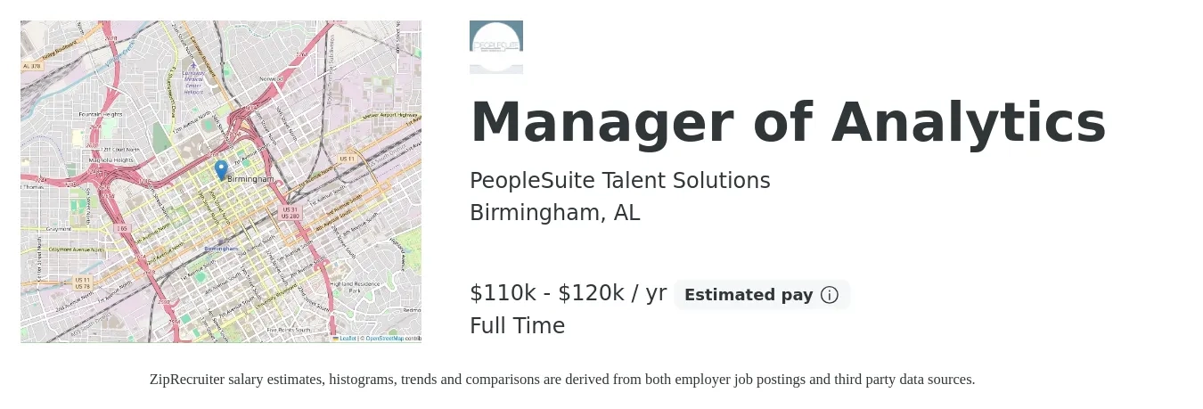 PeopleSuite Talent Solutions job posting for a Manager of Analytics in Birmingham, AL with a salary of $110,000 to $120,000 Yearly with a map of Birmingham location.